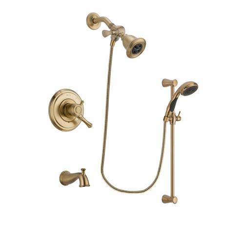 Delta Cassidy Champagne Bronze Finish Dual Control Tub and Shower Faucet System Package with Water Efficient Showerhead and Personal Handheld Shower Sprayer with Slide Bar Includes Rough-in Valve and Tub Spout DSP3471V
