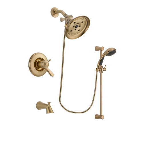 Delta Lahara Champagne Bronze Finish Thermostatic Tub and Shower Faucet System Package with Large Rain Shower Head and Personal Handheld Shower Sprayer with Slide Bar Includes Rough-in Valve and Tub Spout DSP3473V
