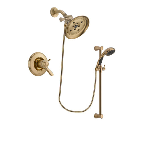 Delta Lahara Champagne Bronze Finish Thermostatic Shower Faucet System Package with Large Rain Shower Head and Personal Handheld Shower Sprayer with Slide Bar Includes Rough-in Valve DSP3474V