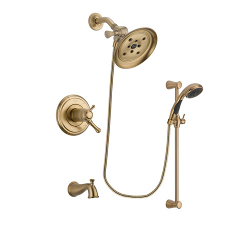 Delta Cassidy Champagne Bronze Finish Thermostatic Tub and Shower Faucet System Package with Large Rain Shower Head and Personal Handheld Shower Sprayer with Slide Bar Includes Rough-in Valve and Tub Spout DSP3479V