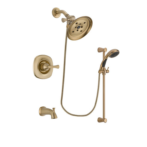Delta Addison Champagne Bronze Finish Tub and Shower Faucet System Package with Large Rain Shower Head and Personal Handheld Shower Sprayer with Slide Bar Includes Rough-in Valve and Tub Spout DSP3485V