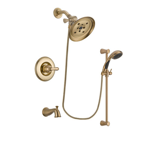 Delta Linden Champagne Bronze Finish Tub and Shower Faucet System Package with Large Rain Shower Head and Personal Handheld Shower Sprayer with Slide Bar Includes Rough-in Valve and Tub Spout DSP3487V