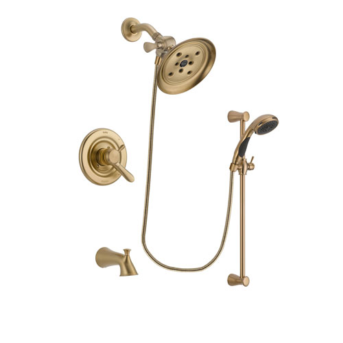 Delta Lahara Champagne Bronze Finish Dual Control Tub and Shower Faucet System Package with Large Rain Shower Head and Personal Handheld Shower Sprayer with Slide Bar Includes Rough-in Valve and Tub Spout DSP3489V