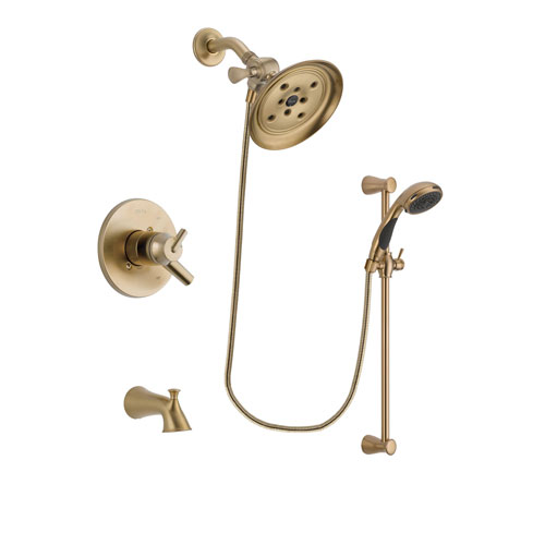 Delta Trinsic Champagne Bronze Finish Dual Control Tub and Shower Faucet System Package with Large Rain Shower Head and Personal Handheld Shower Sprayer with Slide Bar Includes Rough-in Valve and Tub Spout DSP3491V