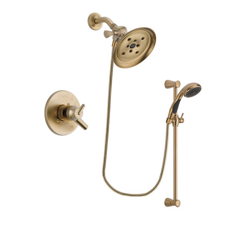 Delta Trinsic Champagne Bronze Finish Dual Control Shower Faucet System Package with Large Rain Shower Head and Personal Handheld Shower Sprayer with Slide Bar Includes Rough-in Valve DSP3492V