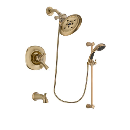 Delta Addison Champagne Bronze Finish Dual Control Tub and Shower Faucet System Package with Large Rain Shower Head and Personal Handheld Shower Sprayer with Slide Bar Includes Rough-in Valve and Tub Spout DSP3493V