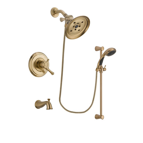 Delta Cassidy Champagne Bronze Finish Dual Control Tub and Shower Faucet System Package with Large Rain Shower Head and Personal Handheld Shower Sprayer with Slide Bar Includes Rough-in Valve and Tub Spout DSP3497V