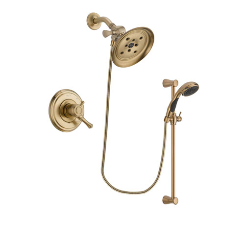 Delta Cassidy Champagne Bronze Finish Dual Control Shower Faucet System Package with Large Rain Shower Head and Personal Handheld Shower Sprayer with Slide Bar Includes Rough-in Valve DSP3498V