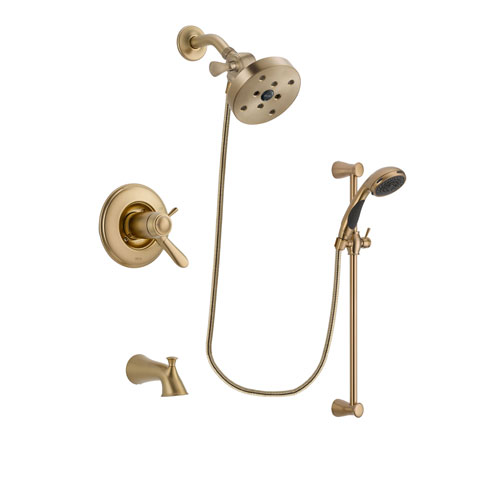 Delta Lahara Champagne Bronze Finish Thermostatic Tub and Shower Faucet System Package with 5-1/2 inch Showerhead and Personal Handheld Shower Sprayer with Slide Bar Includes Rough-in Valve and Tub Spout DSP3499V