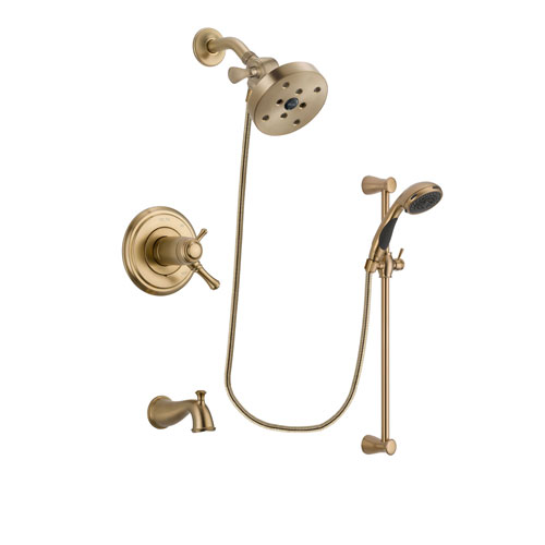 Delta Cassidy Champagne Bronze Finish Thermostatic Tub and Shower Faucet System Package with 5-1/2 inch Showerhead and Personal Handheld Shower Sprayer with Slide Bar Includes Rough-in Valve and Tub Spout DSP3505V