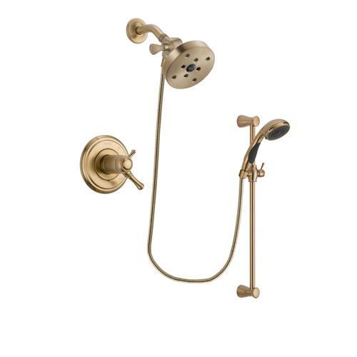 Delta Cassidy Champagne Bronze Finish Thermostatic Shower Faucet System Package with 5-1/2 inch Showerhead and Personal Handheld Shower Sprayer with Slide Bar Includes Rough-in Valve DSP3506V