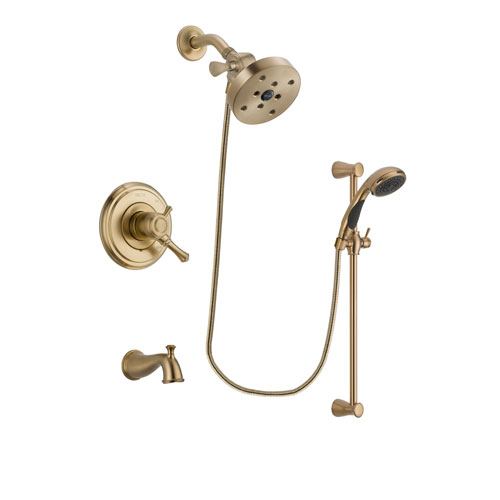 Delta Cassidy Champagne Bronze Finish Dual Control Tub and Shower Faucet System Package with 5-1/2 inch Showerhead and Personal Handheld Shower Sprayer with Slide Bar Includes Rough-in Valve and Tub Spout DSP3523V