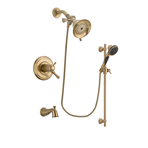 Delta Cassidy Champagne Bronze Finish Thermostatic Tub and Shower Faucet System Package with Water-Efficient Shower Head and Personal Handheld Shower Spray with Slide Bar Includes Rough-in Valve and Tub Spout DSP3531V