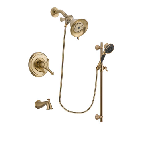 Delta Cassidy Champagne Bronze Finish Dual Control Tub and Shower Faucet System Package with Water-Efficient Shower Head and Personal Handheld Shower Spray with Slide Bar Includes Rough-in Valve and Tub Spout DSP3549V