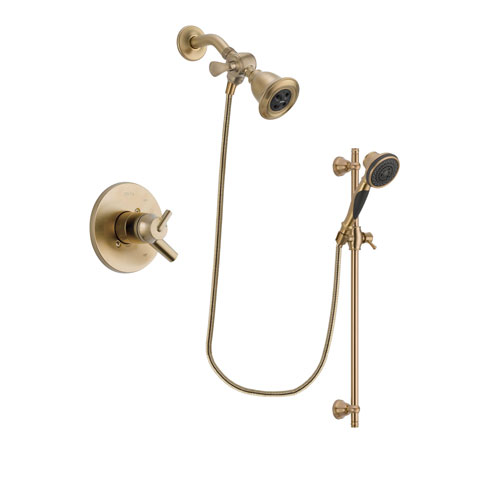 Delta Trinsic Champagne Bronze Finish Dual Control Shower Faucet System Package with Water Efficient Showerhead and Personal Handheld Shower Spray with Slide Bar Includes Rough-in Valve DSP3570V