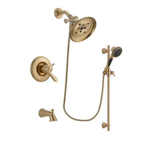 Delta Lahara Champagne Bronze Finish Thermostatic Tub and Shower Faucet System Package with Large Rain Shower Head and Personal Handheld Shower Spray with Slide Bar Includes Rough-in Valve and Tub Spout DSP3577V