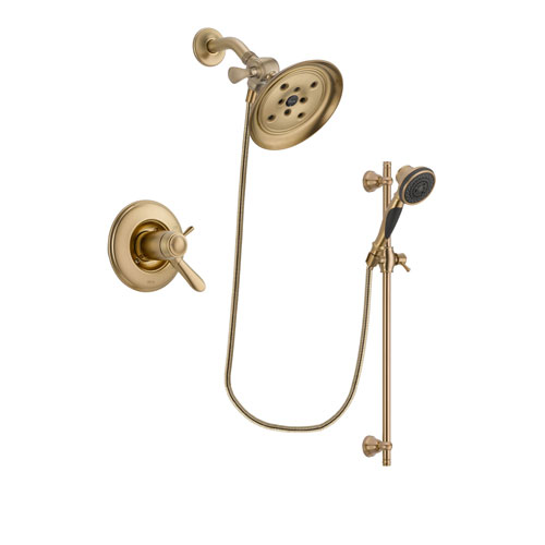 Delta Lahara Champagne Bronze Finish Thermostatic Shower Faucet System Package with Large Rain Shower Head and Personal Handheld Shower Spray with Slide Bar Includes Rough-in Valve DSP3578V