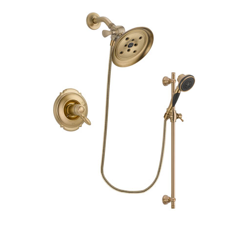 Delta Victorian Champagne Bronze Finish Thermostatic Shower Faucet System Package with Large Rain Shower Head and Personal Handheld Shower Spray with Slide Bar Includes Rough-in Valve DSP3580V