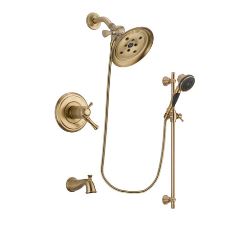 Delta Cassidy Champagne Bronze Finish Thermostatic Tub and Shower Faucet System Package with Large Rain Shower Head and Personal Handheld Shower Spray with Slide Bar Includes Rough-in Valve and Tub Spout DSP3583V