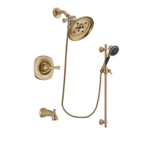 Delta Addison Champagne Bronze Finish Tub and Shower Faucet System Package with Large Rain Shower Head and Personal Handheld Shower Spray with Slide Bar Includes Rough-in Valve and Tub Spout DSP3589V