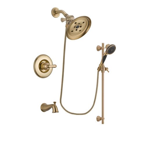 Delta Linden Champagne Bronze Finish Tub and Shower Faucet System Package with Large Rain Shower Head and Personal Handheld Shower Spray with Slide Bar Includes Rough-in Valve and Tub Spout DSP3591V