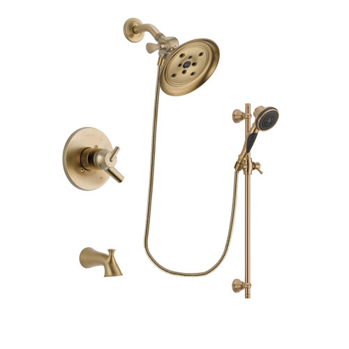 Delta Trinsic Champagne Bronze Finish Dual Control Tub and Shower Faucet System Package with Large Rain Shower Head and Personal Handheld Shower Spray with Slide Bar Includes Rough-in Valve and Tub Spout DSP3595V