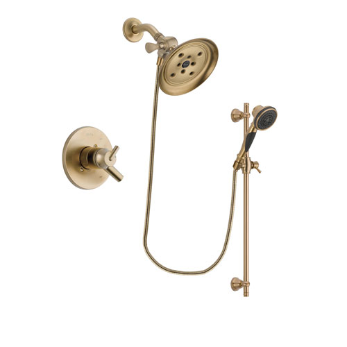 Delta Trinsic Champagne Bronze Finish Dual Control Shower Faucet System Package with Large Rain Shower Head and Personal Handheld Shower Spray with Slide Bar Includes Rough-in Valve DSP3596V