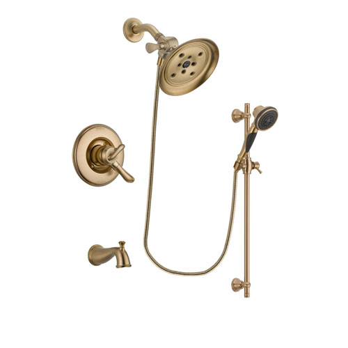 Delta Linden Champagne Bronze Finish Dual Control Tub and Shower Faucet System Package with Large Rain Shower Head and Personal Handheld Shower Spray with Slide Bar Includes Rough-in Valve and Tub Spout DSP3599V