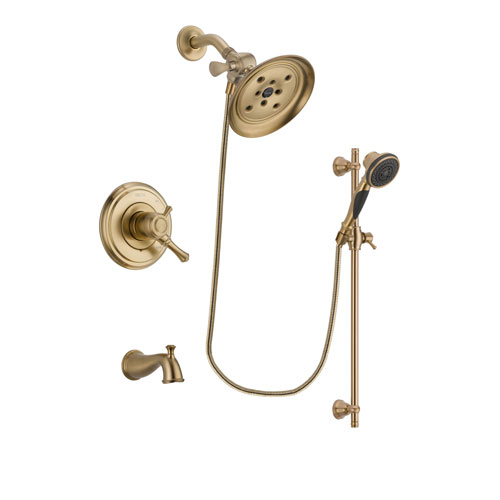 Delta Cassidy Champagne Bronze Finish Dual Control Tub and Shower Faucet System Package with Large Rain Shower Head and Personal Handheld Shower Spray with Slide Bar Includes Rough-in Valve and Tub Spout DSP3601V