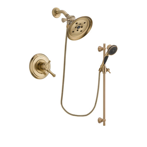 Delta Cassidy Champagne Bronze Finish Dual Control Shower Faucet System Package with Large Rain Shower Head and Personal Handheld Shower Spray with Slide Bar Includes Rough-in Valve DSP3602V
