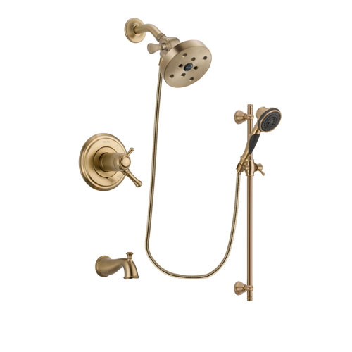 Delta Cassidy Champagne Bronze Finish Thermostatic Tub and Shower Faucet System Package with 5-1/2 inch Showerhead and Personal Handheld Shower Spray with Slide Bar Includes Rough-in Valve and Tub Spout DSP3609V