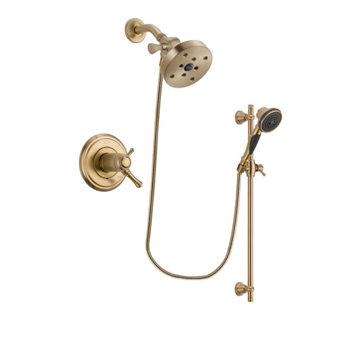 Delta Cassidy Champagne Bronze Finish Thermostatic Shower Faucet System Package with 5-1/2 inch Showerhead and Personal Handheld Shower Spray with Slide Bar Includes Rough-in Valve DSP3610V