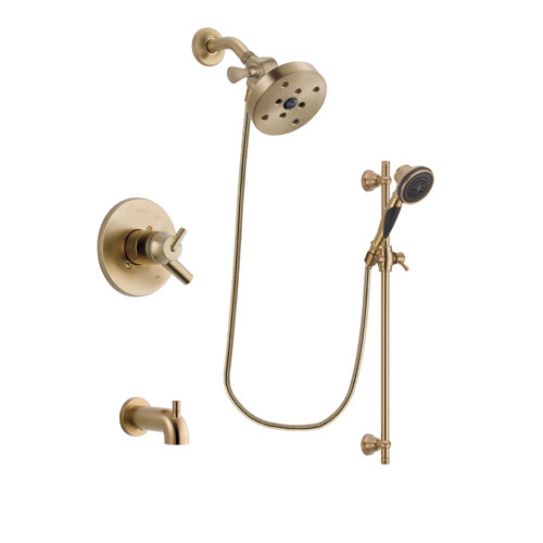 Delta Trinsic Champagne Bronze Finish Dual Control Tub and Shower Faucet System Package with 5-1/2 inch Showerhead and Personal Handheld Shower Spray with Slide Bar Includes Rough-in Valve and Tub Spout DSP3621V