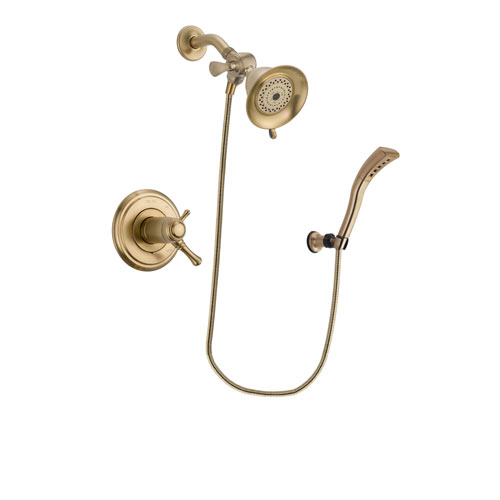 Delta Cassidy Champagne Bronze Finish Thermostatic Shower Faucet System Package with Water-Efficient Shower Head and Modern Wall Mount Personal Handheld Shower Spray Includes Rough-in Valve DSP3636V
