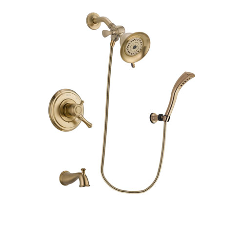 Delta Cassidy Champagne Bronze Finish Dual Control Tub and Shower Faucet System Package with Water-Efficient Shower Head and Modern Wall Mount Personal Handheld Shower Spray Includes Rough-in Valve and Tub Spout DSP3653V