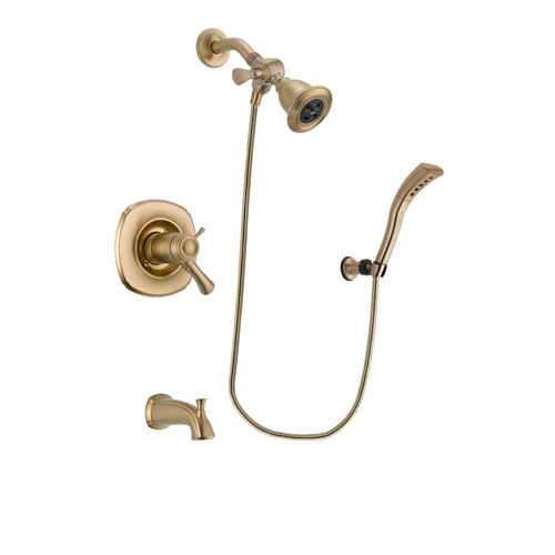 Delta Addison Champagne Bronze Finish Thermostatic Tub and Shower Faucet System Package with Water Efficient Showerhead and Modern Wall Mount Personal Handheld Shower Spray Includes Rough-in Valve and Tub Spout DSP3659V