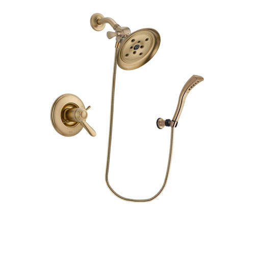 Delta Lahara Champagne Bronze Finish Thermostatic Shower Faucet System Package with Large Rain Shower Head and Modern Wall Mount Personal Handheld Shower Spray Includes Rough-in Valve DSP3682V