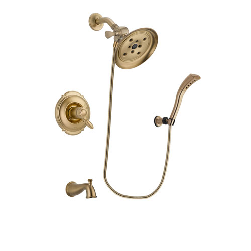 Delta Victorian Champagne Bronze Finish Thermostatic Tub and Shower Faucet System Package with Large Rain Shower Head and Modern Wall Mount Personal Handheld Shower Spray Includes Rough-in Valve and Tub Spout DSP3683V