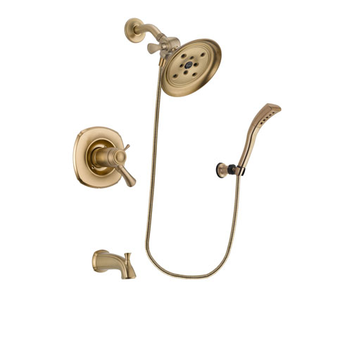 Delta Addison Champagne Bronze Finish Thermostatic Tub and Shower Faucet System Package with Large Rain Shower Head and Modern Wall Mount Personal Handheld Shower Spray Includes Rough-in Valve and Tub Spout DSP3685V