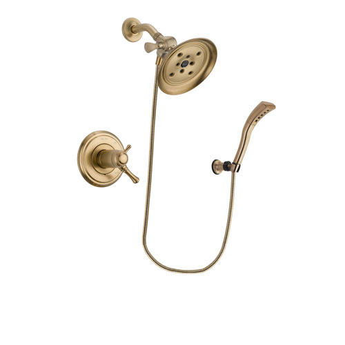 Delta Cassidy Champagne Bronze Finish Thermostatic Shower Faucet System Package with Large Rain Shower Head and Modern Wall Mount Personal Handheld Shower Spray Includes Rough-in Valve DSP3688V