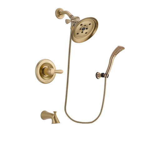 Delta Lahara Champagne Bronze Finish Tub and Shower Faucet System Package with Large Rain Shower Head and Modern Wall Mount Personal Handheld Shower Spray Includes Rough-in Valve and Tub Spout DSP3689V