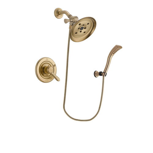 Delta Lahara Champagne Bronze Finish Dual Control Shower Faucet System Package with Large Rain Shower Head and Modern Wall Mount Personal Handheld Shower Spray Includes Rough-in Valve DSP3698V