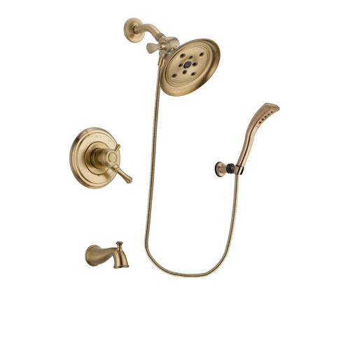 Delta Cassidy Champagne Bronze Finish Dual Control Tub and Shower Faucet System Package with Large Rain Shower Head and Modern Wall Mount Personal Handheld Shower Spray Includes Rough-in Valve and Tub Spout DSP3705V