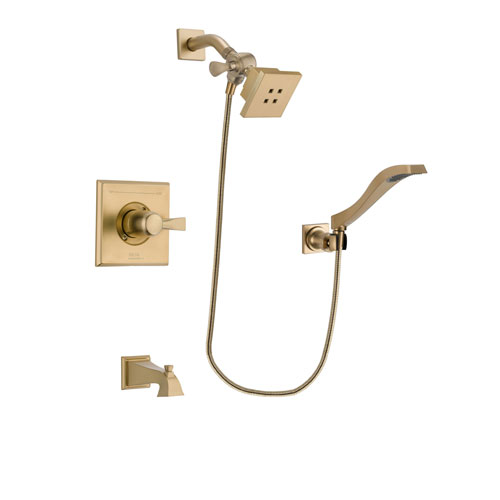 Delta Dryden Champagne Bronze Finish Tub and Shower Faucet System Package with Square Showerhead and Modern Wall Mount Handheld Shower Spray Includes Rough-in Valve and Tub Spout DSP3841V