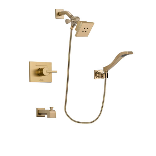 Delta Vero Champagne Bronze Finish Tub and Shower Faucet System Package with Square Showerhead and Modern Wall Mount Handheld Shower Spray Includes Rough-in Valve and Tub Spout DSP3843V