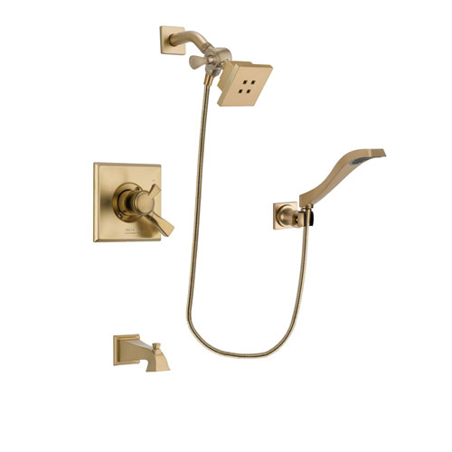 Delta Dryden Champagne Bronze Finish Dual Control Tub and Shower Faucet System Package with Square Showerhead and Modern Wall Mount Handheld Shower Spray Includes Rough-in Valve and Tub Spout DSP3845V