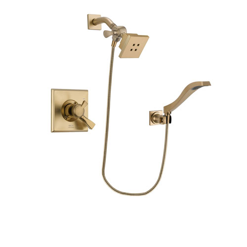 Delta Dryden Champagne Bronze Finish Dual Control Shower Faucet System Package with Square Showerhead and Modern Wall Mount Handheld Shower Spray Includes Rough-in Valve DSP3846V
