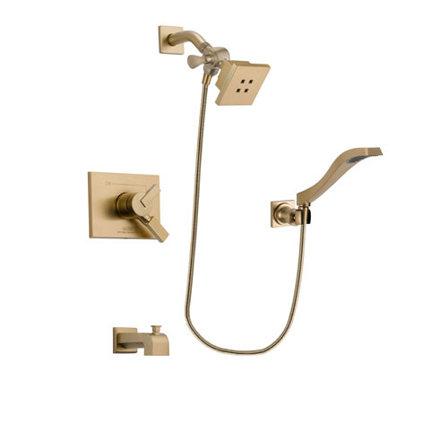 Delta Vero Champagne Bronze Finish Dual Control Tub and Shower Faucet System Package with Square Showerhead and Modern Wall Mount Handheld Shower Spray Includes Rough-in Valve and Tub Spout DSP3847V