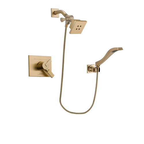 Delta Vero Champagne Bronze Finish Dual Control Shower Faucet System Package with Square Showerhead and Modern Wall Mount Handheld Shower Spray Includes Rough-in Valve DSP3848V