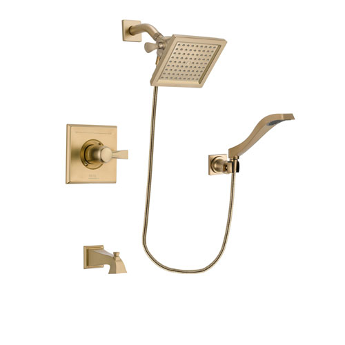 Delta Dryden Champagne Bronze Finish Tub and Shower Faucet System Package with 6.5-inch Square Rain Showerhead and Modern Wall Mount Handheld Shower Spray Includes Rough-in Valve and Tub Spout DSP3853V